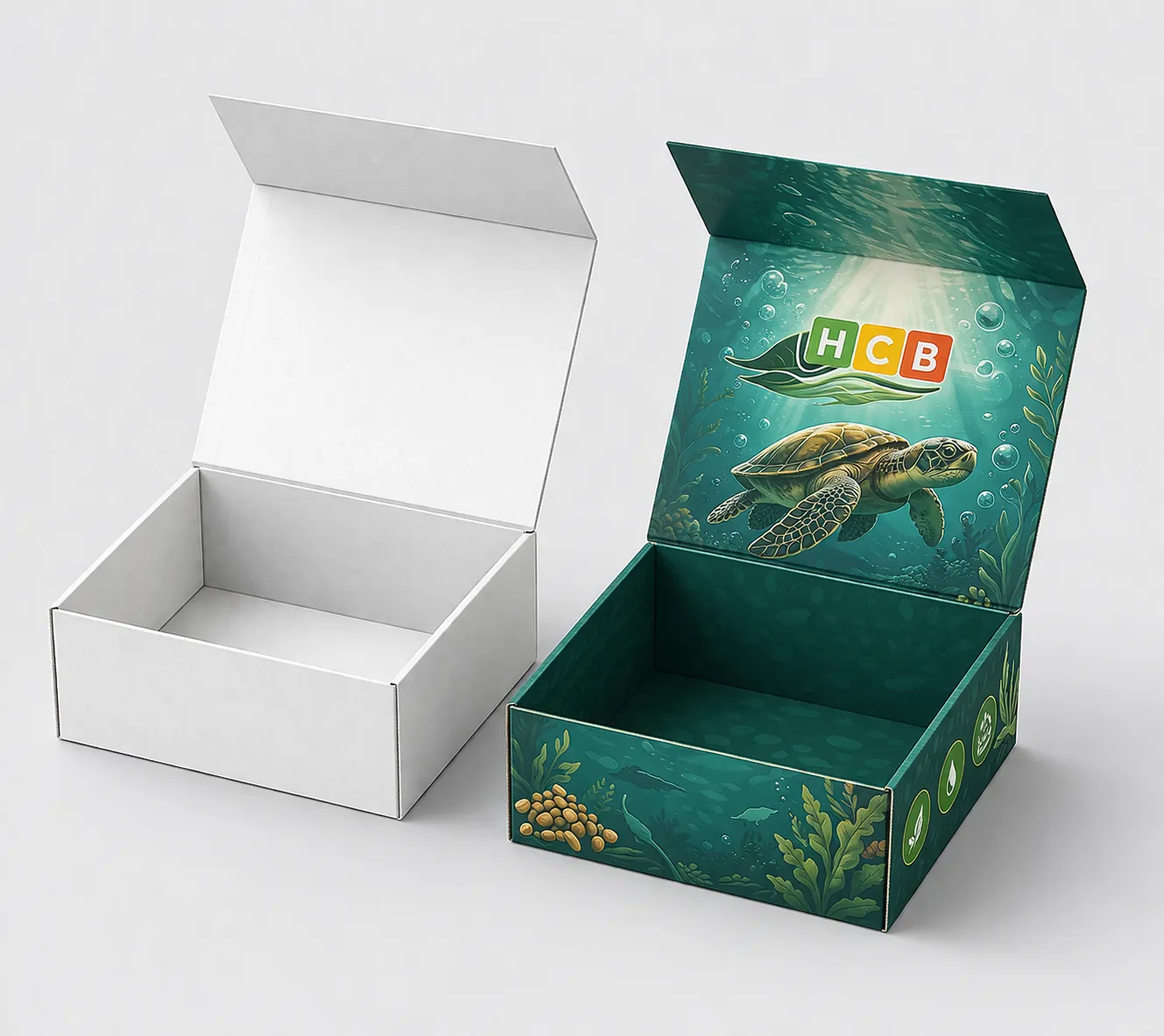 Two white retail cartons with cutout windows, one plain and one showing green turtle branding. class=